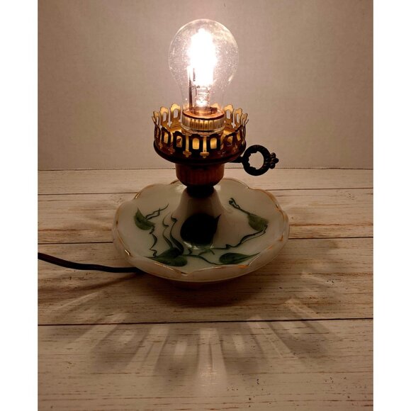 Vintage Hand-Painted Milk Glass Electric Table Lamp With Brass Detailing - Picture 1 of 5